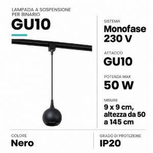 Lampada a sospensione per binario monofase sferica gu10 nero