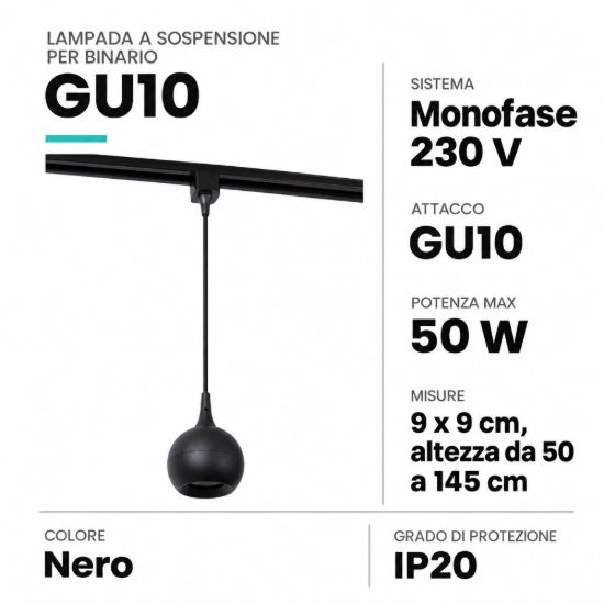 Lampada a sospensione per binario monofase sferica gu10 nero