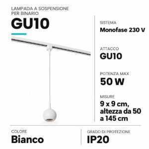 Lampada a sospensione per binario monofase sferica gu10 bianco