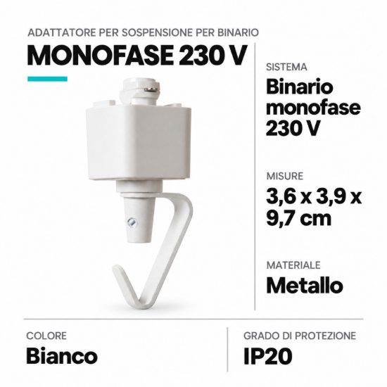 Adattatore per sospensione su binario monofase bianco