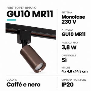 Faretto per binario monofase cilindrico gu10 mr11 orientabile caffe nero