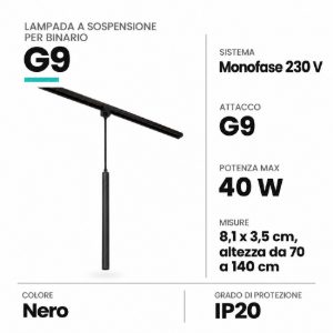 Lampada a sospensione per binario monofase cilindrica g9 nero