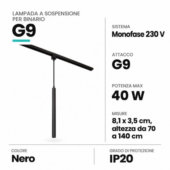 Lampada a sospensione per binario monofase cilindrica g9 nero