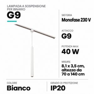 Lampada a sospensione per binario monofase cilindrica g9 bianco