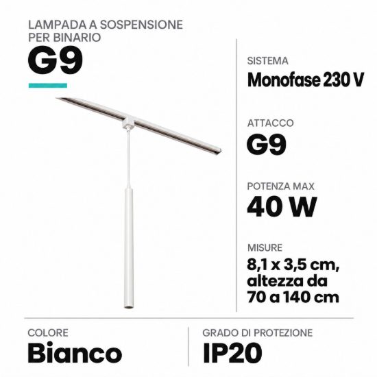 Lampada a sospensione per binario monofase cilindrica g9 bianco