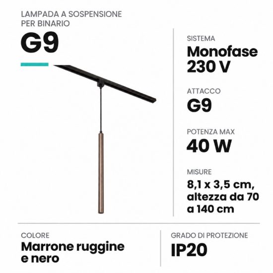 Lampada a sospensione per binario monofase cilindrica g9 marrone ruggine nero