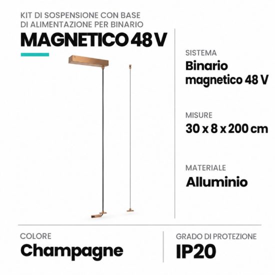 Kit di sospensione con base di alimentazione per binario magnetico 48v champagne