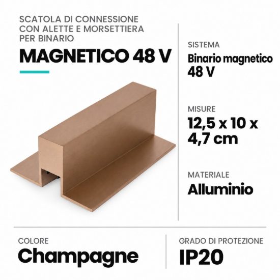 Scatola di connessione con alette e morsettiera per binario magnetico 48v champagne