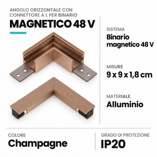 Angolo orizzontale con connettore a l per binario magnetico 48v champagne