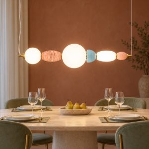 Lampadario a sospensione lineare con sfere led 28w 3000k per sala da pranzo multicolore e oro