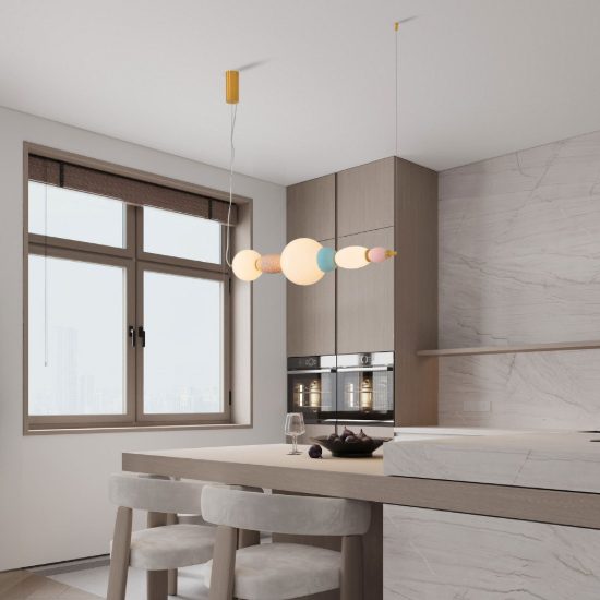 Lampadario a sospensione lineare con sfere led 28w 3000k per sala da pranzo multicolore e oro