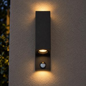 Applique da esterno biemissione rettangolare nero ip65 con sensore di movimento crepuscolare