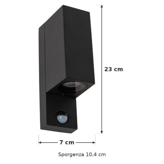 Applique da esterno biemissione rettangolare nero ip65 con sensore di movimento crepuscolare