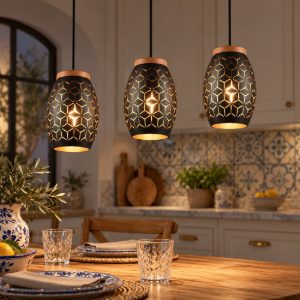 Lampadario a sospensione con 3 pendenti per isola cucina nero legno