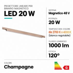 Proiettore lineare per binario magnetico diffuso led 20w cct 2700k 4000k champagne