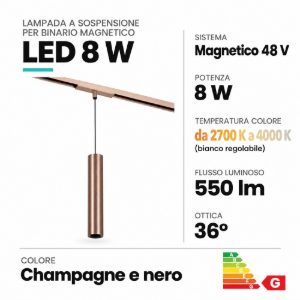 Lampada a sospensione per binario magnetico cilindrica led 8w cct 2700k 4000k champagne nero