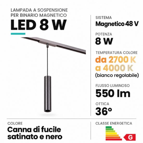 Lampada a sospensione per binario magnetico cilindrica led 8w cct 2700k 4000k canna di fucile nero