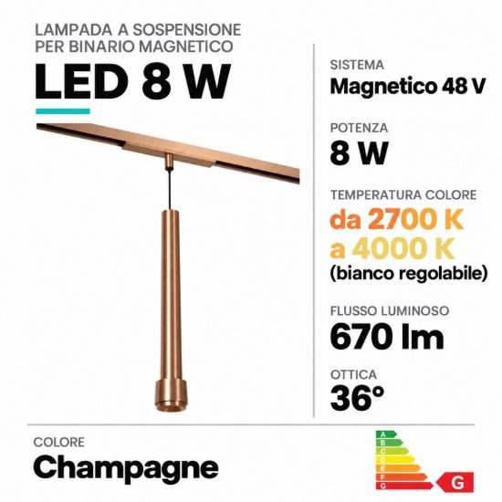 Lampada a sospensione per binario magnetico conica led 8w cct 2700k 4000k champagne