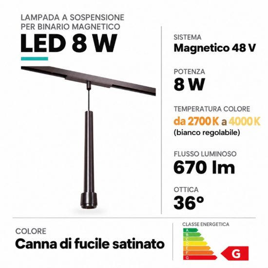 Lampada a sospensione per binario magnetico conica led 8w cct 2700k 4000k canna di fucile