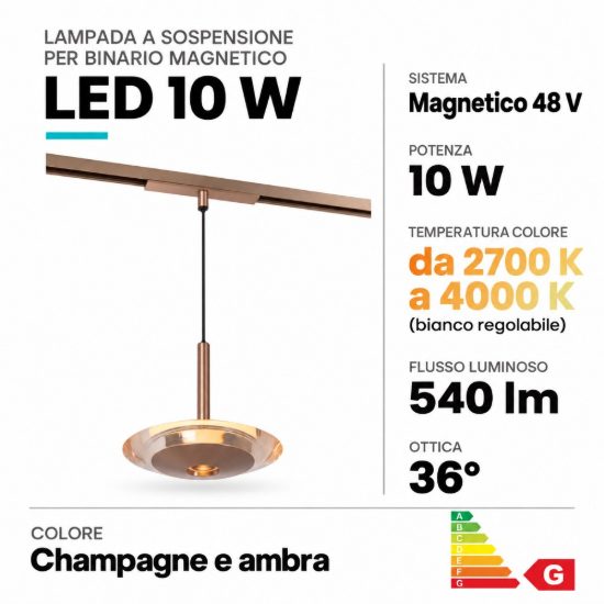 Lampada a sospensione per binario magnetico a disco led 10w cct 2700k 4000k champagne ambra