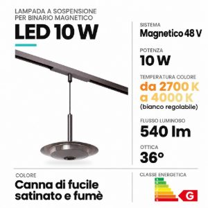 Lampada a sospensione per binario magnetico a disco led 10w cct 2700k 4000k canna di fucile fume
