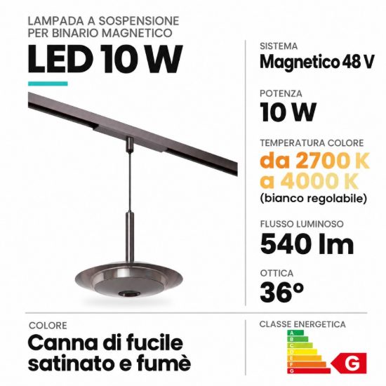 Lampada a sospensione per binario magnetico a disco led 10w cct 2700k 4000k canna di fucile fume