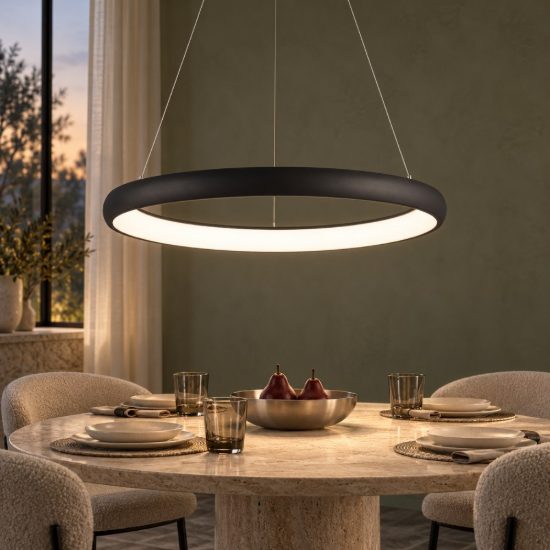 Lampadario a sospensione ad anello led 80w 3000k dimmerabile per sala da pranzo nero sabbiato