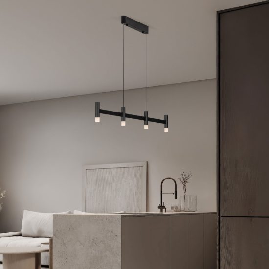 Lampadario a sospensione lineare a 4 luci led 17w 2700k dimmerabile per cucina nero sabbiato