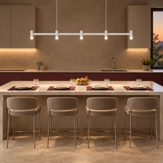 Lampadario a sospensione lineare a 5 luci led 21w 3000k dimmerabile per cucina bianco sabbiato