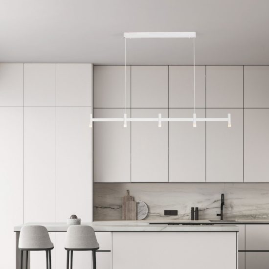 Lampadario a sospensione lineare a 5 luci led 21w 3000k dimmerabile per cucina bianco sabbiato