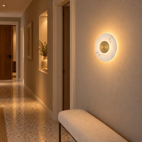 Applique da parete a disco led 8w 3000k per soggiorno alabastro artificiale e oro ottone