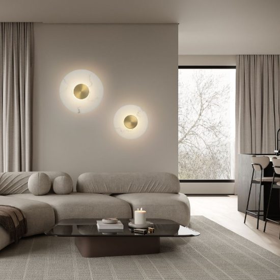 Applique da parete a disco led 8w 3000k per soggiorno alabastro artificiale e oro ottone