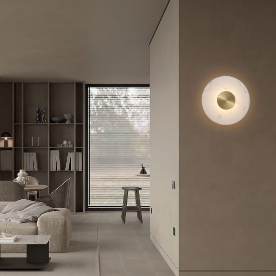 Applique da parete a disco led 10w 3000k per soggiorno alabastro artificiale e oro ottone