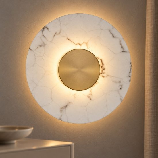 Applique da parete a disco led 14w 3000k per soggiorno alabastro artificiale e oro ottone
