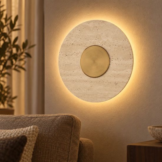 Applique da parete a disco led 14w 3000k per soggiorno travertino naturale e oro ottone