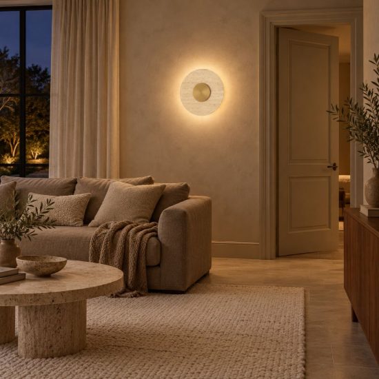 Applique da parete a disco led 14w 3000k per soggiorno travertino naturale e oro ottone