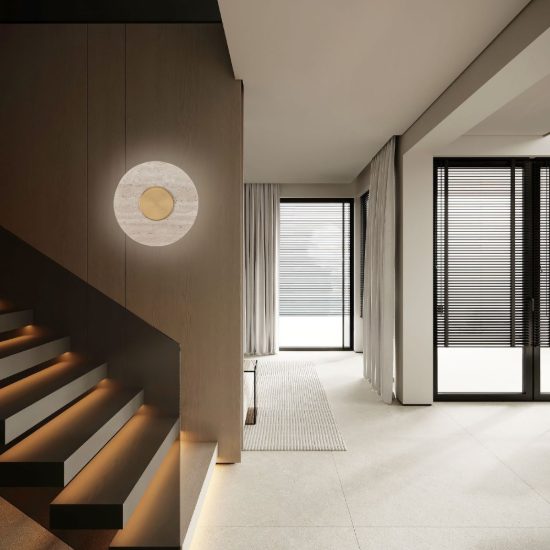Applique da parete a disco led 14w 3000k per soggiorno travertino naturale e oro ottone