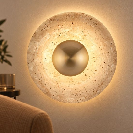 Applique da parete a disco led 4w 3000k per soggiorno contemporanea travertino naturale e oro ottone