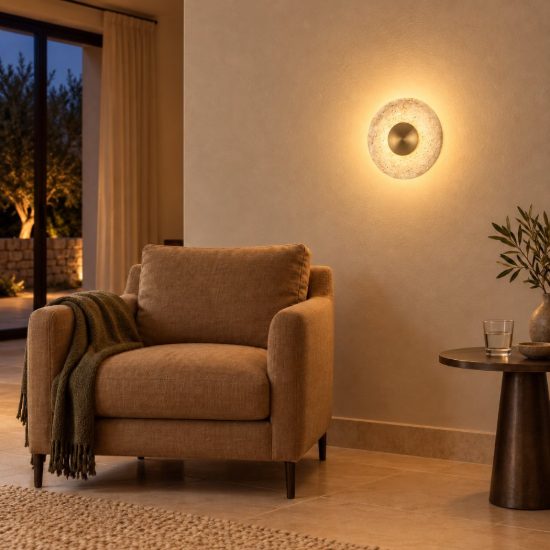 Applique da parete a disco led 4w 3000k per soggiorno contemporanea travertino naturale e oro ottone