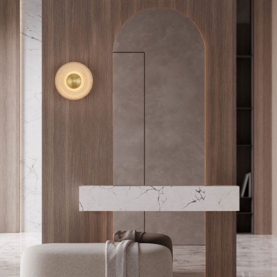 Applique da parete a disco led 4w 3000k per soggiorno contemporanea travertino naturale e oro ottone