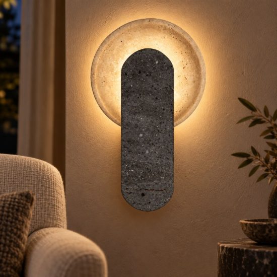 Applique da parete con elemento in pietra led 10w 3000k per soggiorno travertino naturale e nero