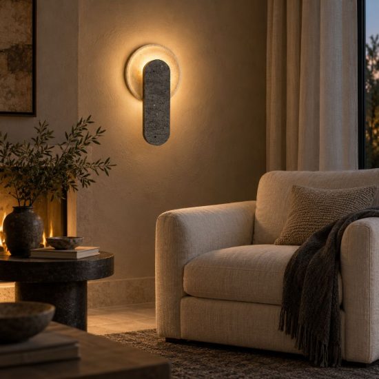 Applique da parete con elemento in pietra led 10w 3000k per soggiorno travertino naturale e nero