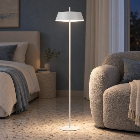 Lampada da terra con testa a disco led 28w 3000k dimmerabile per soggiorno moderna bianca