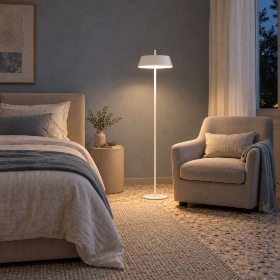 Lampada da terra con testa a disco led 28w 3000k dimmerabile per soggiorno moderna bianca