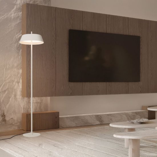 Lampada da terra con testa a disco led 28w 3000k dimmerabile per soggiorno moderna bianca