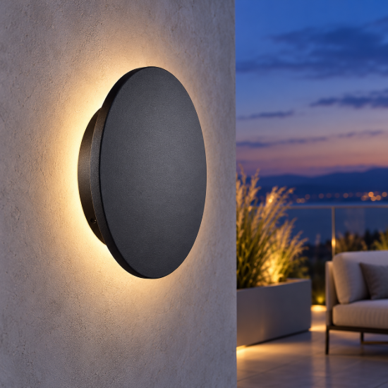 Applique da esterno moderna tonda nera led 10w 3000k ip65