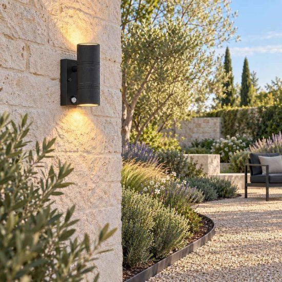 Applique da esterno biemissione nero led 10w 2700k ip44 con sensore di movimento crepuscolare