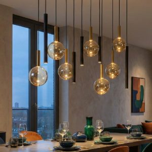 Lampadario a sospensione con 12 pendenti per sala da pranzo contemporaneo nero ambra