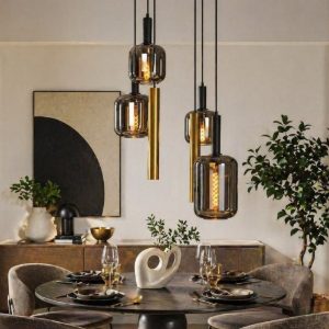 Lampadario a sospensione con 6 pendenti per sala da pranzo contemporaneo ottone nero