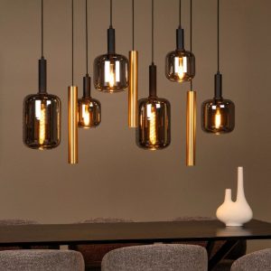 Lampadario a sospensione con 9 pendenti per sala da pranzo contemporaneo ottone nero